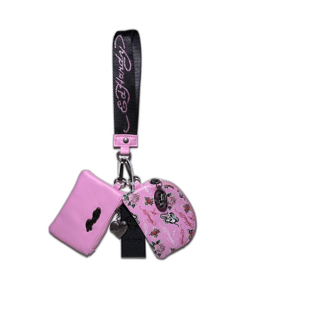 Ed Hardy PINK Tattoo Wallets & Wristlet Charms Keychain 3 Pc Set NEW W/TAGS